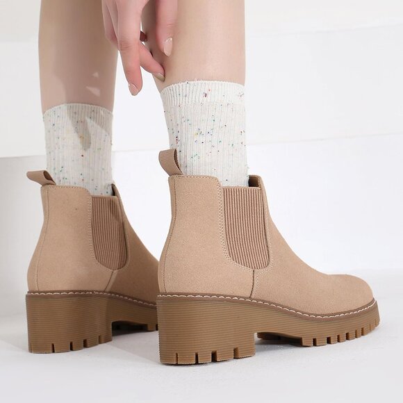 Womens Nude Faux Leather Low Wedge Heel Slip On Chunky Platform Ankle Boots - Picture 7 of 8